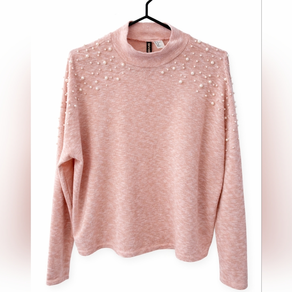 H&M Pink Pearl Beaded Sweater Size M Mock Neck Soft Knit Pullover - Picture 7 of 7
